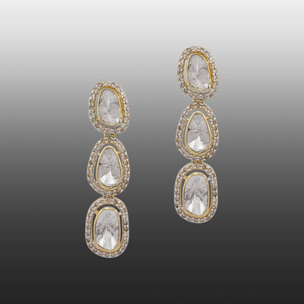 Tri-Tier Polki Earring with Full-Cut Diamond Halo Borders